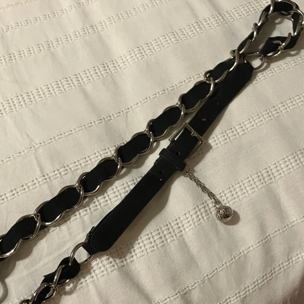 Vintage Black Leather and Silver Chain‎ Belt Intertwined Adjustable XL